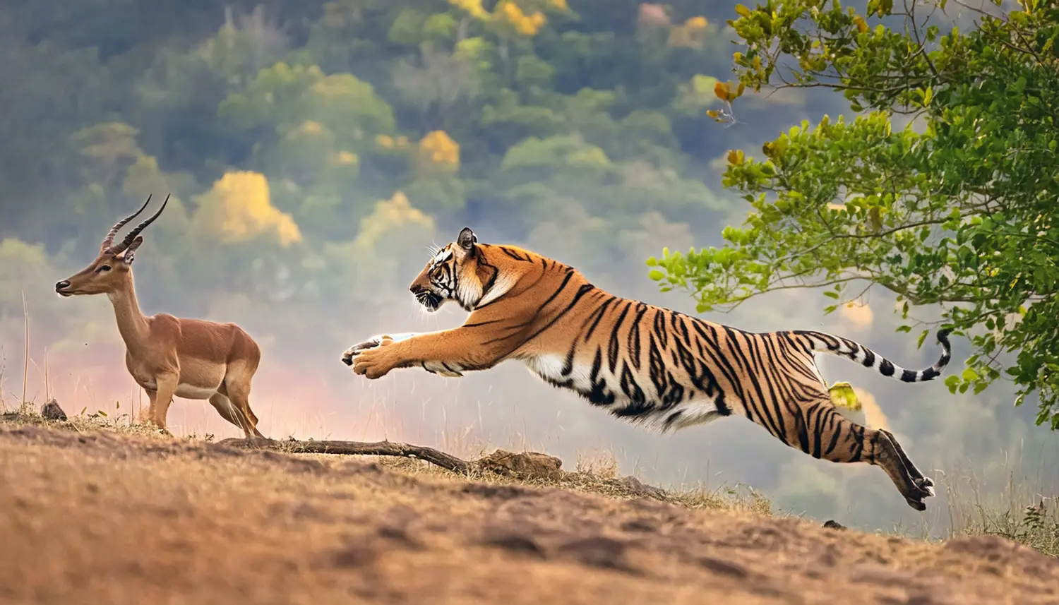 Tiger, der sich bei einer riskanten Jagd auf ein Reh stürzt, was den spannungsgeladenen Moment der Verfolgung in freier Wildbahn unterstreicht